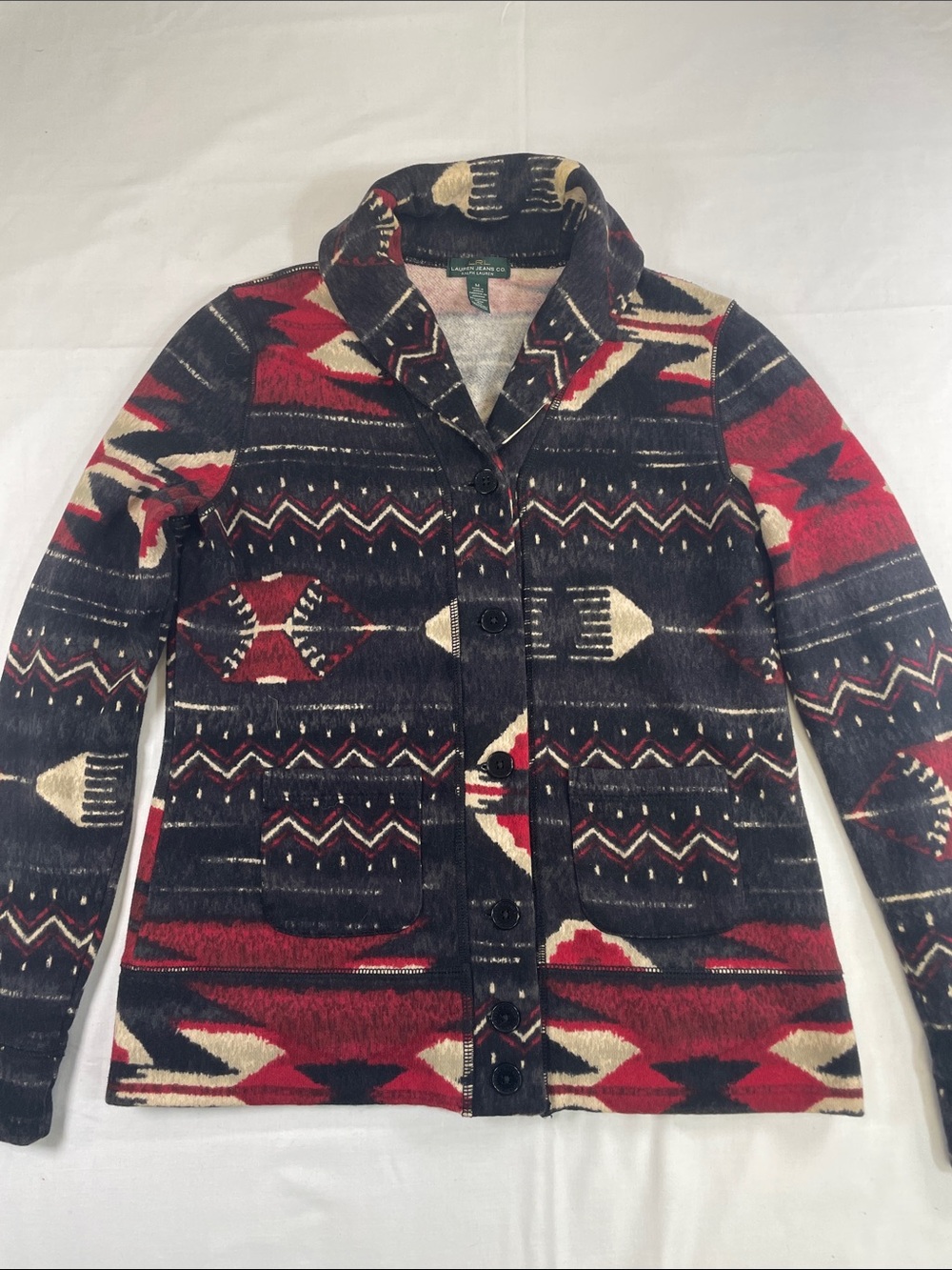 Lauren Ralph Lauren Red, Black Cream Aztec Button Jacket cardigan Western M
